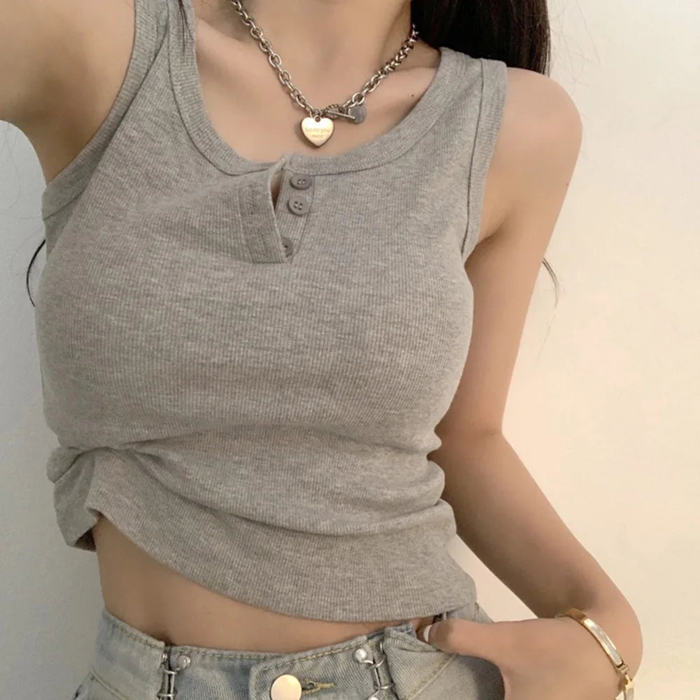 Ribbed Button-Down Tank Top - Wave Fashion